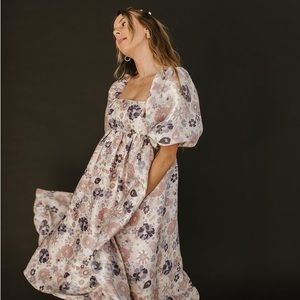 NWT Storia Floral Puff Sleeve Babydoll Midi Dress in Lilac